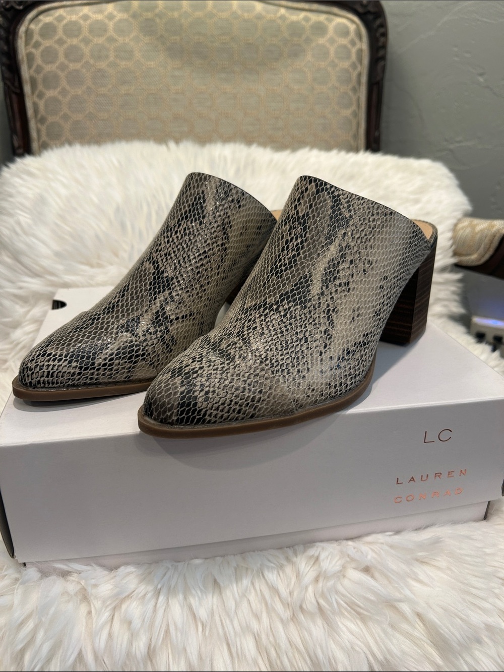 LC Lauren Conrad Neutral Snake-Print Slip-On Mules